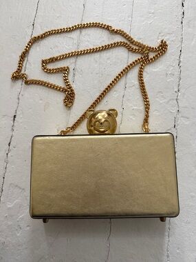 Rare Moschino Gold Bear-Accent Metallic Gold Box Clutch with Crossbody Chain Bag